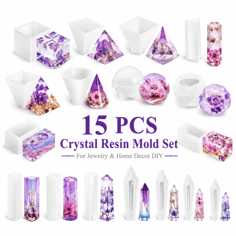 Resin Jewelry Kit - 15개 크리스탈 레진 실리콘 몰드 세트,